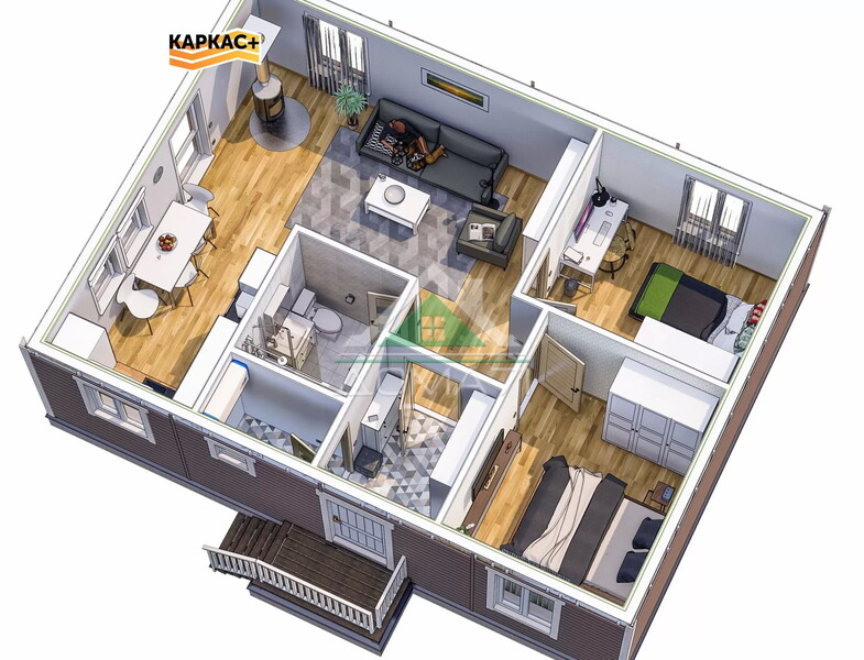 Каркасный дом 9,7×7,1 из сухой строганной доски