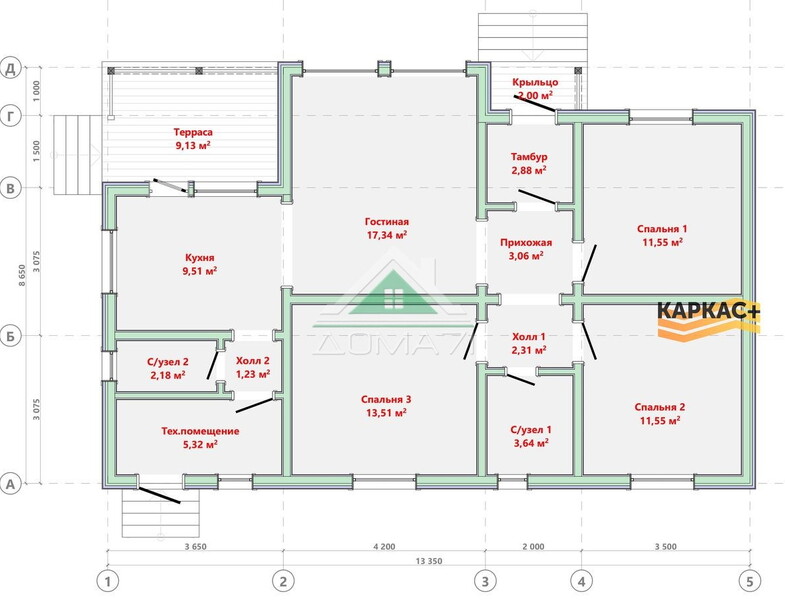 Каркасный дом 13,5х8,65 из сухой строганной доски