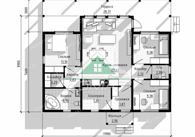 Каркасный дом 120 кв.м одноэтажный проект 69