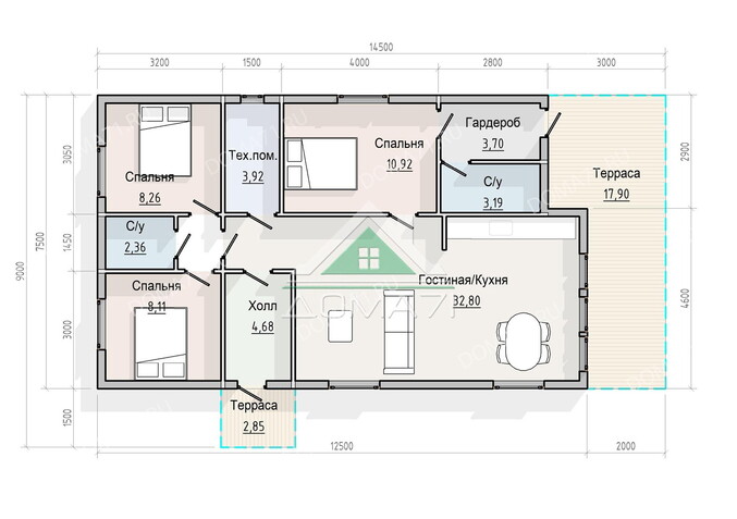 Барнхаус 110 кв.м каркасный 14.5×7.5 проект 73