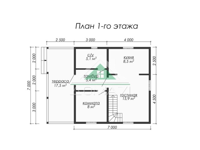 Каркасный дом 9.5×7 план 1 этажа
