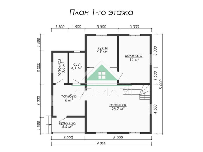Каркасный дом 9x9 план 1 этажа